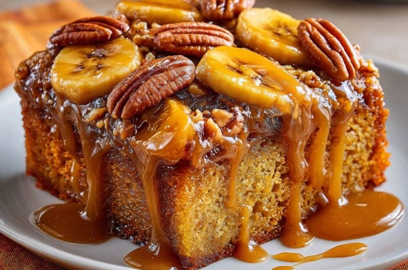Caramel Banana Pecan Upside Down Cake
