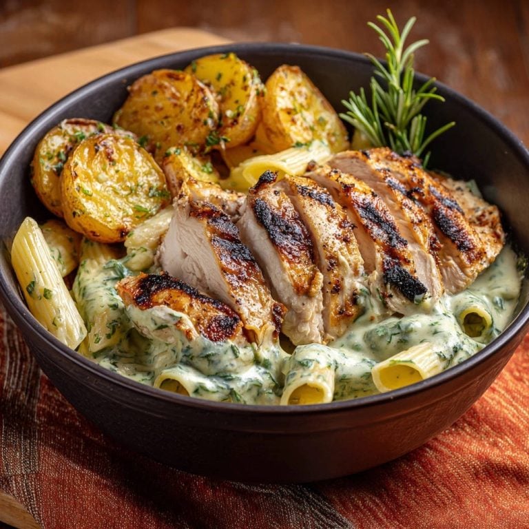 Grilled Chicken & Creamy Spinach Penne with Herb Roasted Potatoes