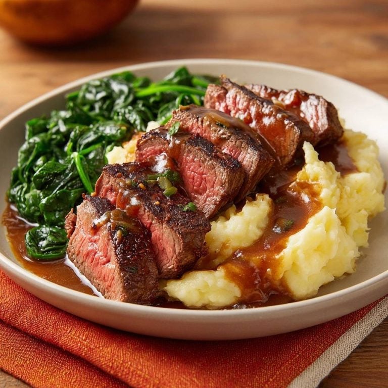Seared Steak with Creamy Mashed Potatoes and Sautéed Spinach