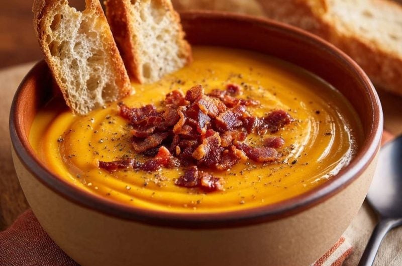 Silky Pumpkin Soup with Bacon and Baguette