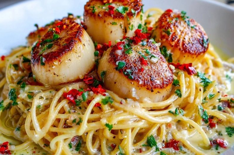 Seared Scallops with Creamy Chili Angel Hair