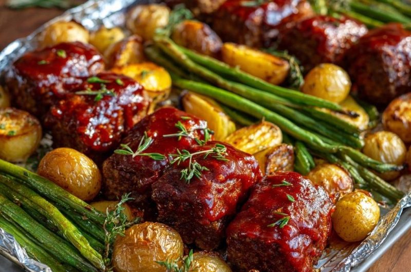 Sheet Pan Glazed Meatloaf with Potatoes & Asparagus