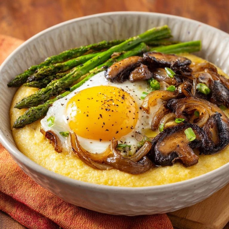 Creamy Mushroom Asparagus Grits with Fried Egg